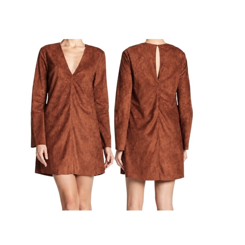 ASTR The Label Womens L Rust Faux Suede Split Sleeve Shift Mini Dress NWT